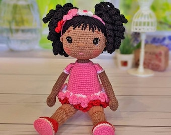 African black doll, dark skin doll, black hair doll, crochet african amerian doll, crochet doll for sale, afro puffs crochet doll