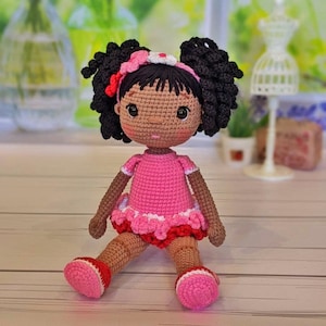 African black doll, dark skin doll, black hair doll, crochet african amerian doll, crochet doll for sale, afro puffs crochet doll