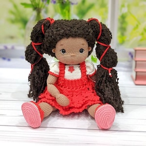 Black doll with natural hair, amigurumi black doll finished, crochet doll for sale, dark skin doll, african dolls, black doll in red dress