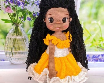 Big african american doll, african doll, crochet black doll, doll with natural hair, plush dark skin doll, black doll in yellow dress, doll