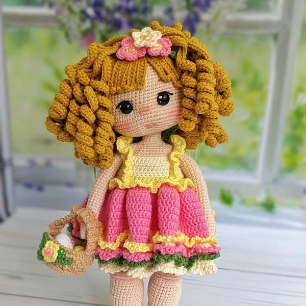 Summer crochet doll, crochet doll for sale, girl doll with curly hair, doll in yellow dress, finished amigurumi doll, doll with bowls, girl