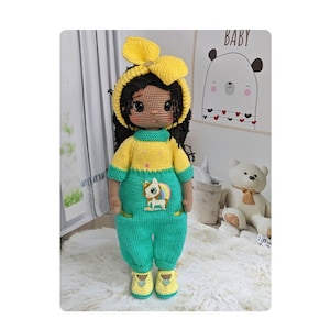 Big african american doll, african doll, crochet black doll, doll with natural hair, plush dark skin doll, black doll in yellow dress, doll