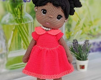 Crochet African American Doll, afro doll for sale, black doll in pink dress, black crochet doll, doll for sale, amigurumi black doll, doll