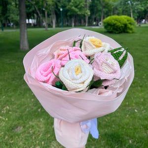 Crochet Rose Bouquet: Handmade Yarn Flowers, Pink Beige & White