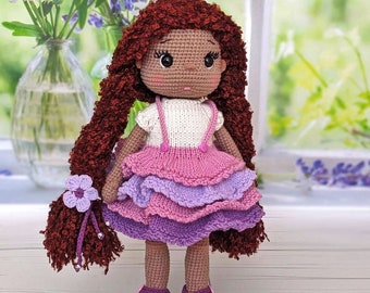 Black crochet doll, amigurumi black doll, african doll, afro doll, black doll with natural hair, black doll in pink dress, black girl, doll