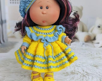 Hand-Knitted Doll Dress & Beret Set, Yellow Cotton Outfit for 23cm Nines d'Onil Mia, outfit for Mia doll, blue stylish Dress for Mia