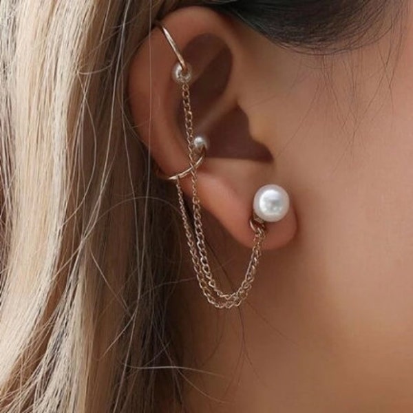 Women Pearl Earring, Women's Pearl Earrings, Pearls Ear Cuff,  No Piercing, Fake earring, Chain stud, Pearl studs earing