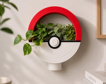 PokeBall Wall Planter | Gaming Inspired Hanging Planter | 3D Printed Plant Pot | Indoor Succulent Holder | Geek Room Decor