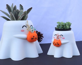 Happy Ghost Holding Pumpcat Planter , Pen Holder or Vase