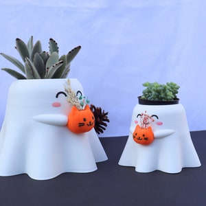 Happy Ghost Holding Pumpcat Planter , Pen Holder or Vase