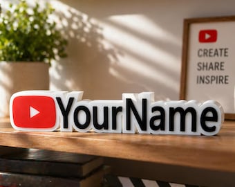Placa de identificación 3D personalizada para YouTube / Letrero con nombre personalizado, Decoración para estantes, Soporte para creadores de video