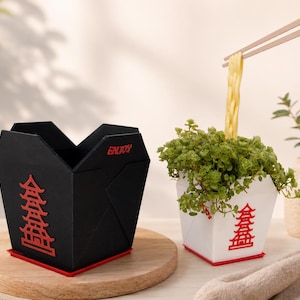 Könnte beinhalten: Zwei dekorative Blumentöpfe in Form von chinesischen Take-Away-Behältern. Einer ist schwarz mit einem roten Pagoden-Design und dem Wort "ENJOY". Der andere ist weiß mit einem roten Pagoden-Design. Essstäbchen halten eine gelbe Nudel über dem weißen Topf.