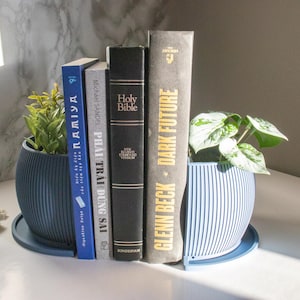 May include: Two blue ceramic plant pots used as bookends. The books are "Holy Bible", "Phai Trai Dung Sai", "Glenn Beck Dark Future", and "Paliya".