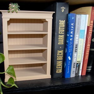 Puede incluir: Una pequeña estantería de madera marrón claro con cuatro estantes. La estantería está vacía. Hay varios libros en un estante detrás de la estantería. Los libros tienen títulos como "Glenn Beck Dark Future", "Moving Beyond Betrayal" y "Holy Bible".