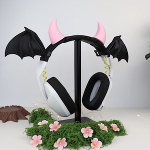 Bat Wings Headphone Attachment with Horns | Little Demon Headset Accessory | Streamer Gamer Gift and Decor