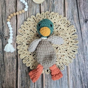 Made to Order - crochet duck, duck snuggler, mallard lovey, lovey for babies, duck hunting nursery, nursery decor