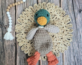 Made to Order - crochet duck, duck snuggler, mallard lovey, lovey for babies, duck hunting nursery, nursery decor