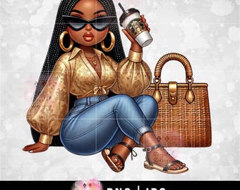 Black Woman png, Black Lady png, Afro Girl Clipart, African American, Chibi Woman png, Digital Download, Black Girl Clipart, Coffee png