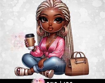 Black Woman png, Black Lady png, Afro Girl Clipart, African American, Chibi Woman png, Digital Download, Black Girl Clipart, Coffee png