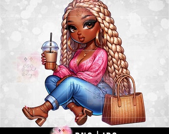Black Woman png, Black Lady png, Afro Girl Clipart, African American, Chibi Woman png, Digital Download, Black Girl Clipart, Coffee png