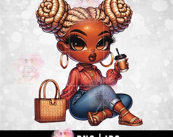 Femme noire png, femme noire png, clipart fille afro, afro-américain, femme chibi png, téléchargement numérique, clipart fille noire, café png