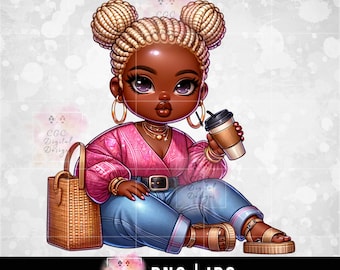 Black Woman png, Black Lady png, Afro Girl Clipart, African American, Chibi Woman png, Digital Download, Black Girl Clipart, Coffee png