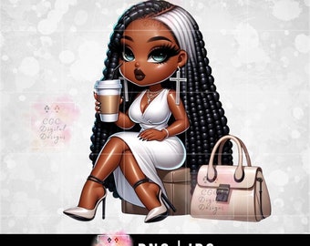 Black Woman png, Black Lady png, Afro Girl Clipart, African American, Chibi Woman png, Digital Download, Black Girl Clipart, Coffee png