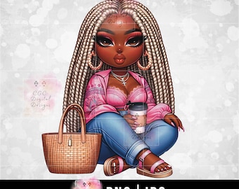 Black Woman png, Black Lady png, Afro Girl Clipart, African American, Chibi Woman png, Digital Download, Black Girl Clipart, Coffee png