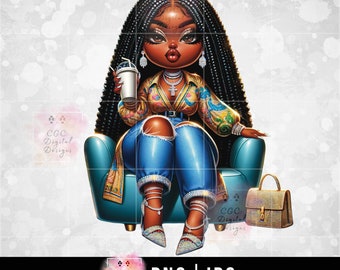 Black Woman png, Black Lady png, Afro Girl Clipart, African American, Chibi Woman png, Digital Download, Black Girl Clipart, Coffee png