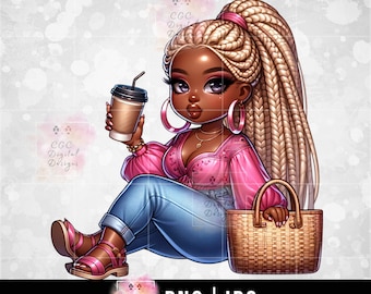 Black Woman png, Black Lady png, Afro Girl Clipart, African American, Chibi Woman png, Digital Download, Black Girl Clipart, Coffee png