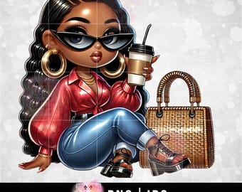 Black Woman png, Black Lady png, Afro Girl Clipart, African American, Chibi Woman png, Digital Download, Black Girl Clipart, Coffee png