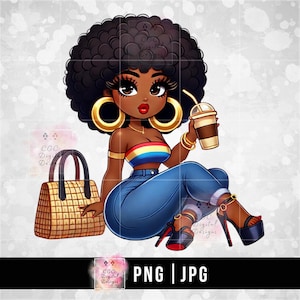 Donna nera png, Signora nera png, Clipart ragazza afro, Afroamericano, Donna chibi png, Download digitale, Clipart ragazza nera, Caffè png