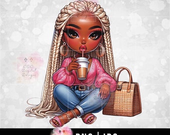 Black Woman png, Black Lady png, Afro Girl Clipart, African American, Chibi Woman png, Digital Download, Black Girl Clipart, Coffee png