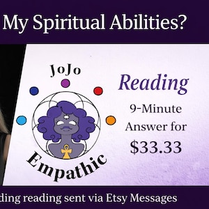 May include: Image shows a woman and text: "What Are My Spiritual Abilities?" with a graphic of a cartoon character and the word "Empathic". The text also says "Reading" and "9-Minute Answer".