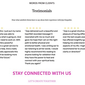 Może przedstawiać: Biała grafika z tekstem &bdquo;WORDS FROM CLIENTS&rdquo; i &bdquo;Testimonials&rdquo;. Poniżej znajdują się trzy referencje klient&oacute;w z ocenami w postaci gwiazdek. Na dole grafiki widnieje napis &bdquo;STAY CONNECTED WITH US&rdquo; i &bdquo;LET'S CREATE TOGETHER&rdquo;.