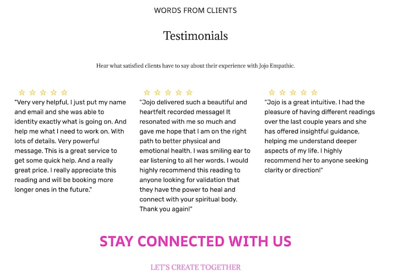 Może przedstawiać: Biała grafika z tekstem &bdquo;WORDS FROM CLIENTS&rdquo; i &bdquo;Testimonials&rdquo;. Poniżej znajdują się trzy referencje klient&oacute;w z ocenami w postaci gwiazdek. Na dole grafiki widnieje napis &bdquo;STAY CONNECTED WITH US&rdquo; i &bdquo;LET'S CREATE TOGETHER&rdquo;.
