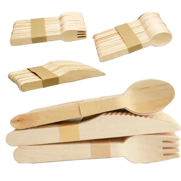150Pcs Wooden Cutlery Disposable Biodegradable Birch Wood 50Spoons 50Knives 50 Forks Eco-Friendly