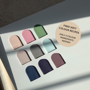 May include: A collection of colorful, arched polymer clay samples in various pastel shades, including pink, green, and blue, arranged on a white surface. A clear acrylic rolling pin is positioned to the left. Text reads "FIMO soft colour recipes, only 4 colour ingredients needed!"