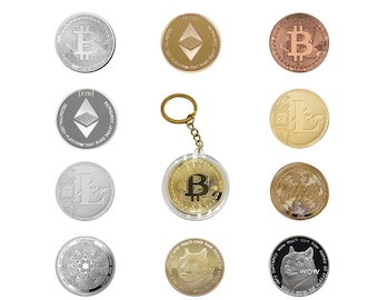 May include: A collection of gold, silver, and bronze colored cryptocurrency coins featuring various logos, including Bitcoin, Ethereum, Litecoin, and Cardano. The coins are displayed on a white background, with one coin attached to a gold key chain.
