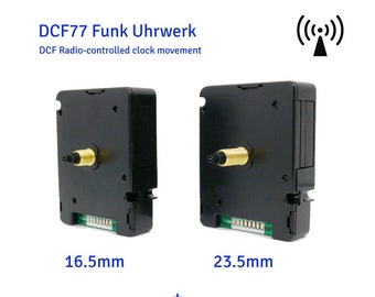 DCF radio clock movement - without ticking - 16 mm, 23 mm shaft - for dial thickness 6 / 12 mm - radio clock movement for DIY, wall clock - with instructions - New