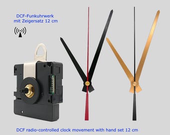 DCF radio-controlled silent clock movement with 12 cm hands - Black, White, Gold - for DIY wall clocks