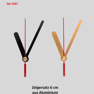 Könnte beinhalten: Zeigersatz 6 cm aus Aluminium. Der Sekundenzeiger ist in rot oder schwarz erhältlich.