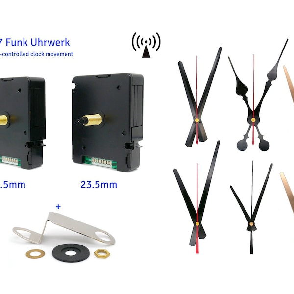 Funkuhrwerk DCF lautlos mit Zeigersatz schwarz weiß gold - 12cm 13cm 14cm 15cm - DCF ohne ticken