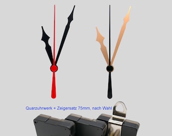 Silent quartz clock movement with 7 cm hands - black and gold - quartz clock movement with hands - quiet, noiseless movement - 7 cm aluminum hands