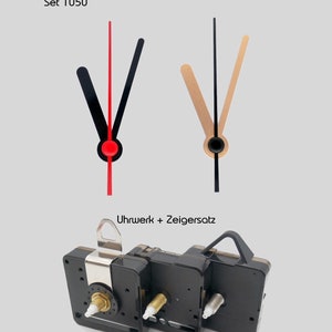 Quarz Uhrwerk lautlos mit Zeigersatz 50 mm - schwarz / gold - Quarzuhrwerk mit Uhrzeiger 5 cm - leises Uhrwerk geräuschlos - Alu Zeiger