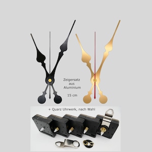 Può includere: Lancette per orologio in alluminio nero e oro, lunghe 15 cm. Le lancette sono mostrate con una selezione di movimenti per orologi al quarzo.