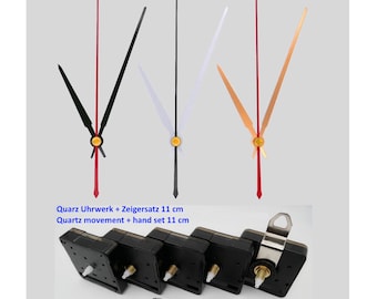 Quarzuhrwerk lautlos mit Zeigersatz 11 cm - schwarz weiß gold - Quarz Uhrwerk mit Uhrzeiger 110 mm - leises Uhrwerk geräuschlos - Alu Zeiger