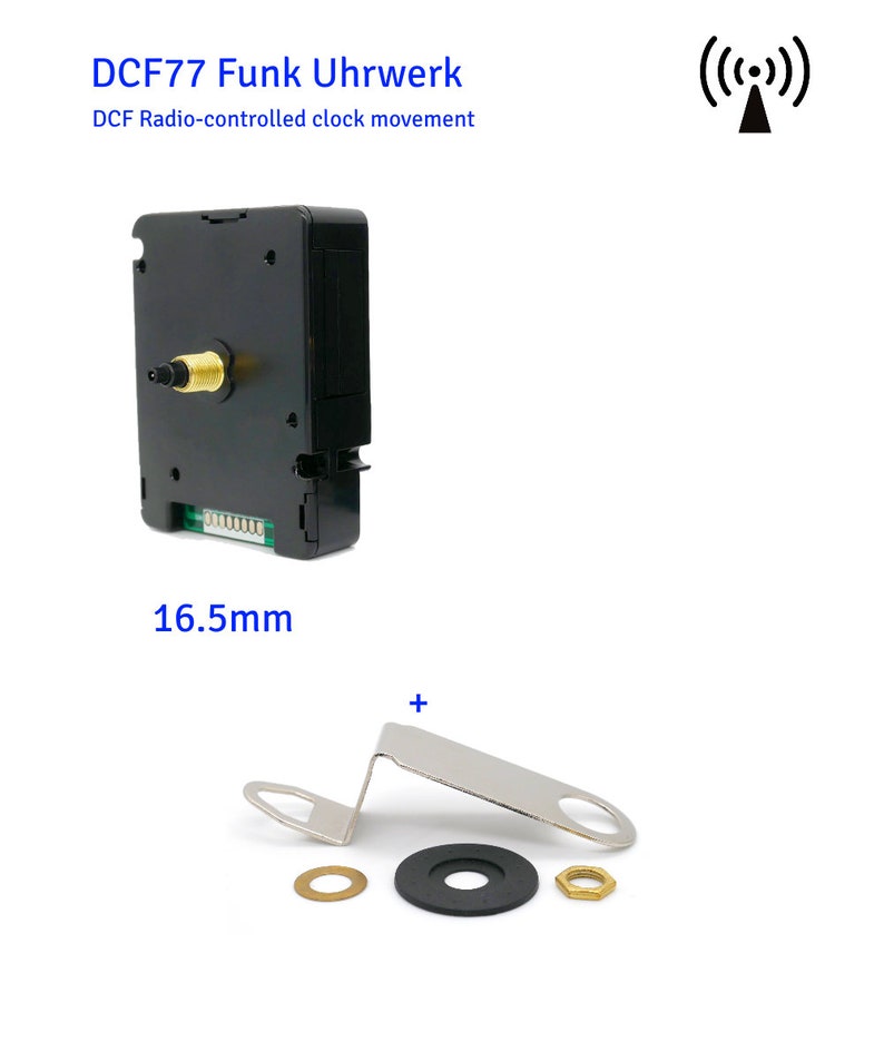 DCF Funkuhrwerk ohne ticken 16mm, 23mm Welle für Zifferblattdicke 6 / 12 mm Radiouhrwerk für DIY, Wanduhr mit Anleitung New 16,5 mm