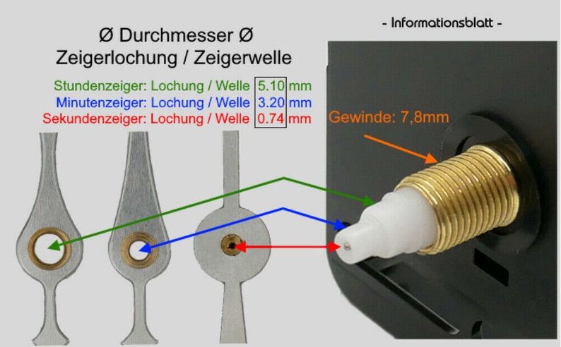 DCF Funkuhrwerk ohne ticken 16mm, 23mm Welle für Zifferblattdicke 6 / 12 mm Radiouhrwerk für DIY, Wanduhr mit Anleitung New Bild 5