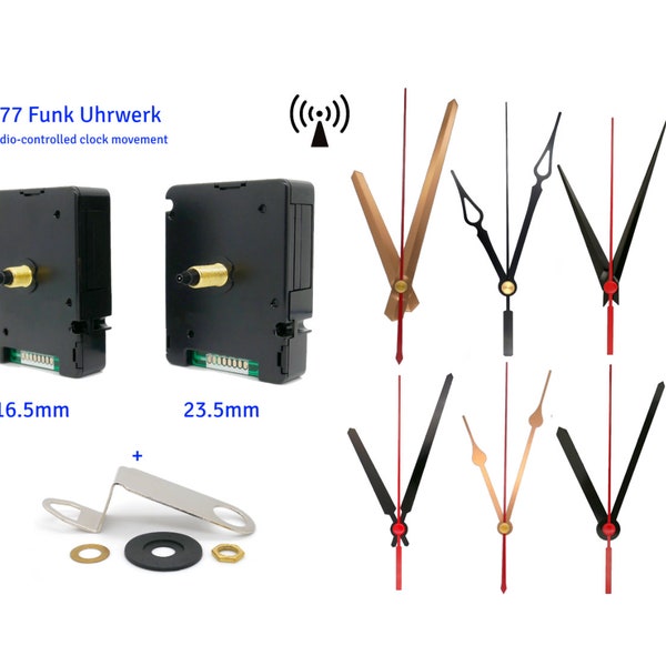 DCF Funkuhrwerk ohne ticken mit Zeiger 9cm 10cm 11cm - schwarz weiß gold - leises Uhrwerk lautlos - Alu Uhrzeiger - DIY DCF